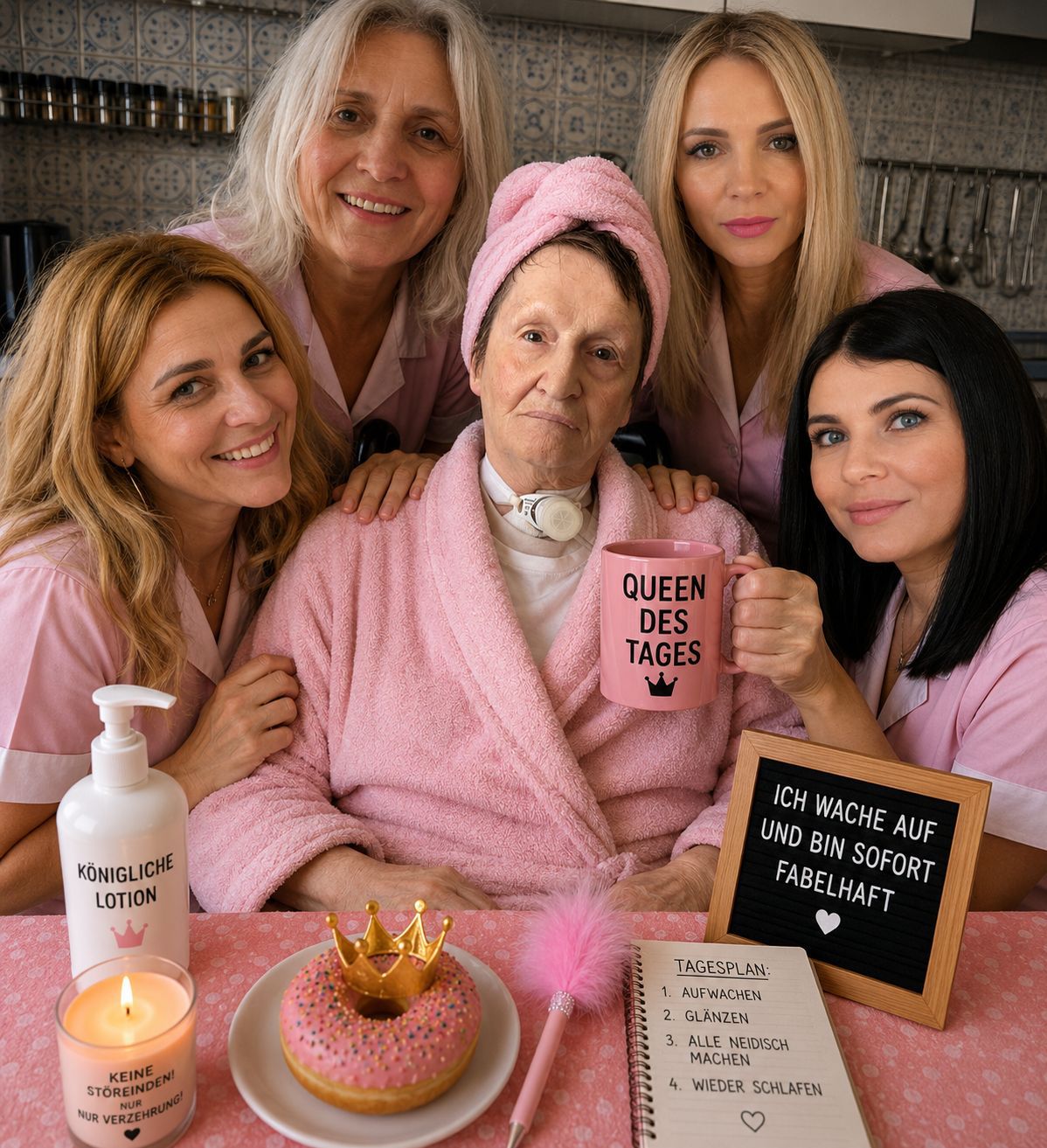 Unser Team mit einer geliebten Bewohnerin – Queen des Tages